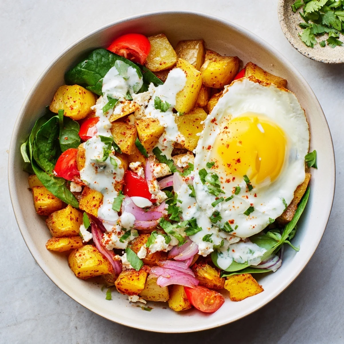 Close-up of Savory Breakfast Bowl showing golden potatoes and a creamy yogurt sauce drizzled over fresh veggies.