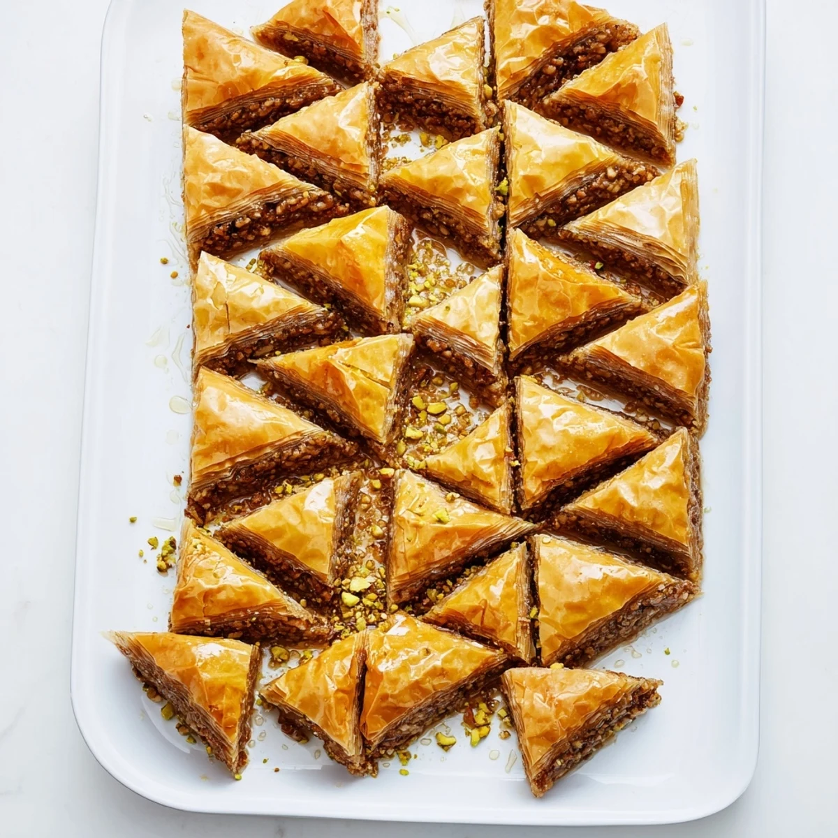 A close-up of Greek Baklava showing flaky, buttery layers filled with chopped walnuts and pistachios, glistening with sweet honey syrup.