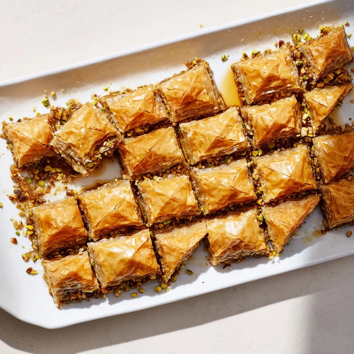 A generous slice of Greek Baklava with crispy phyllo pastry, nutty filling, and a drizzle of honey, ready to be enjoyed.
