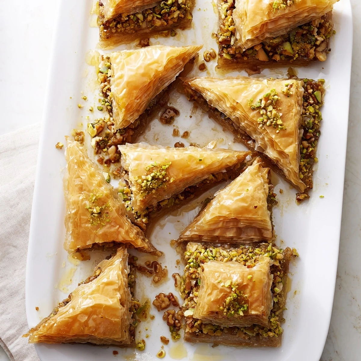 Freshly baked Greek Baklava cut into diamond shapes, served on a white plate next to a cup of hot Greek coffee.