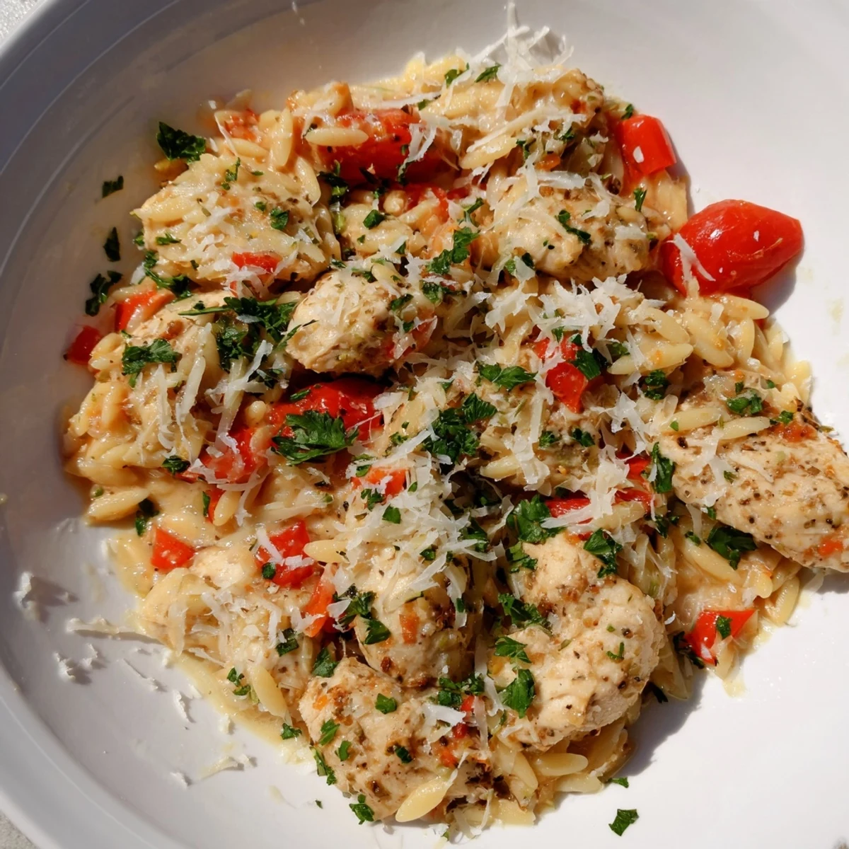 Skillet of High Protein Chicken Orzo with tender chicken, spinach, and cherry tomatoes garnished with fresh parsley.
