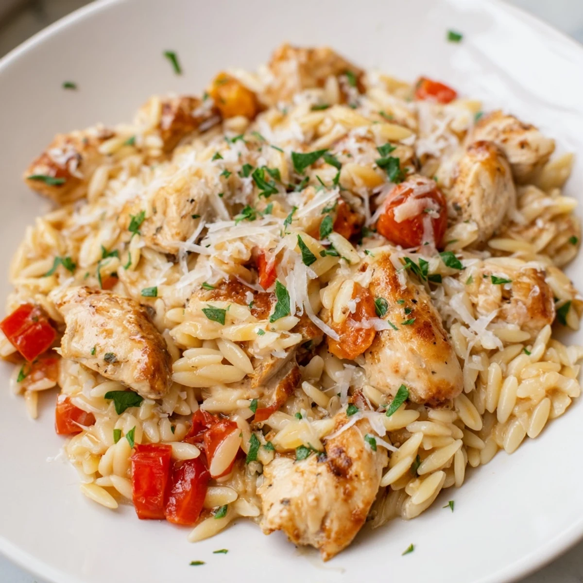 High Protein Chicken Orzo in a herbed sauce with golden chicken, bell peppers, and melted Parmesan on a rustic plate.