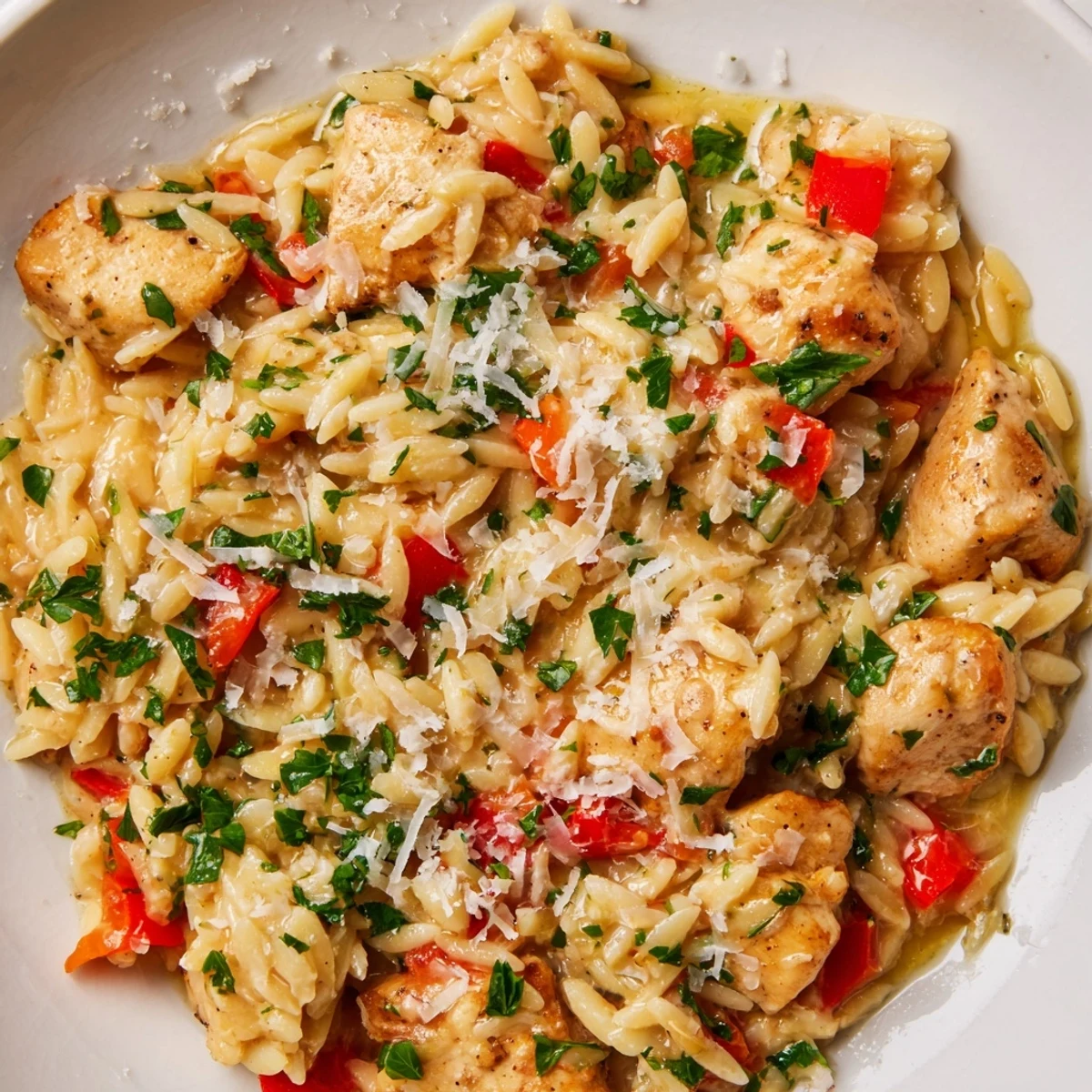 Serving suggestion for High Protein Chicken Orzo in a skillet, lemony and savory, next to a crisp green salad.
