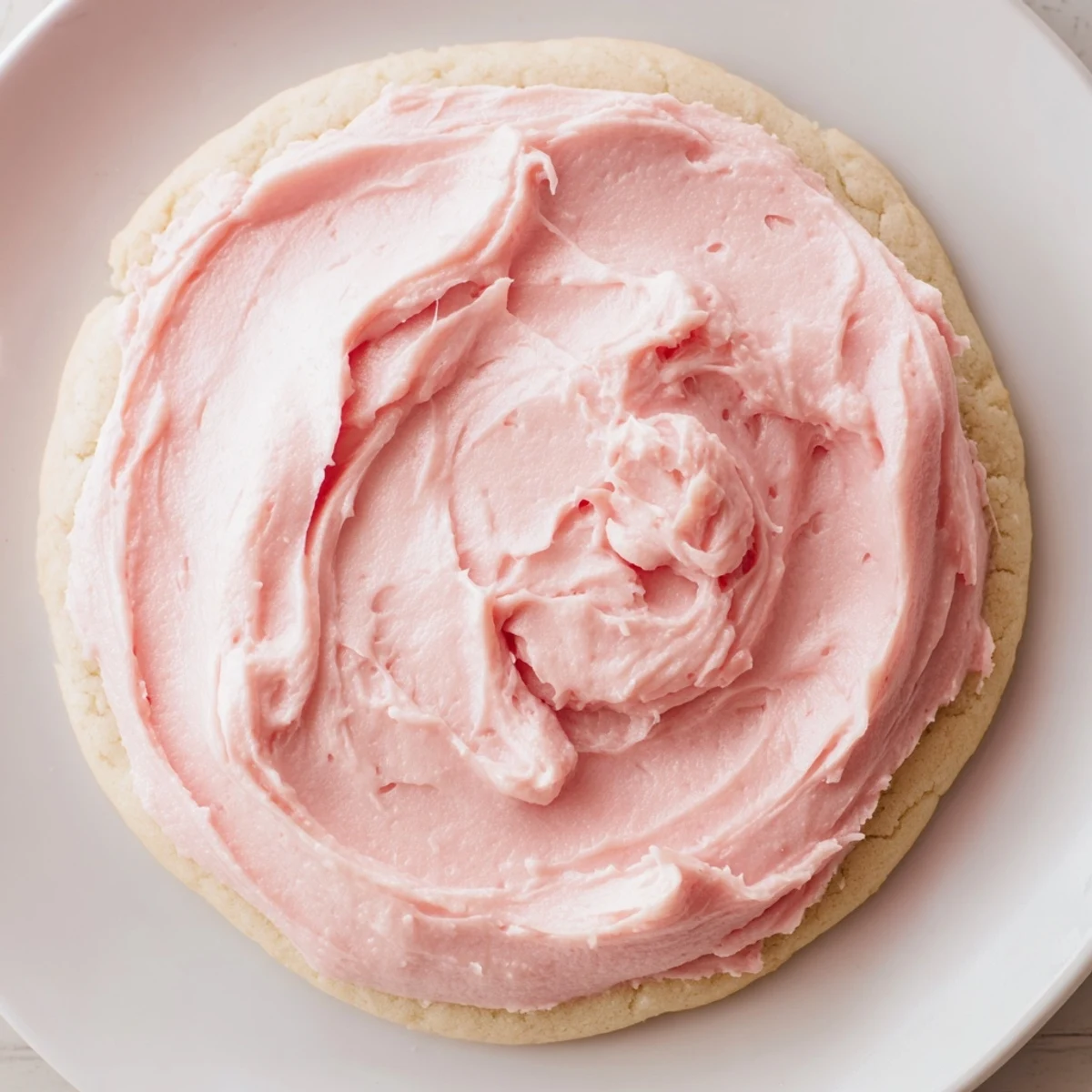 A close-up of one Crumbl Sugar Cookie showing its soft, thick bakery-style texture and creamy pink almond frosting.