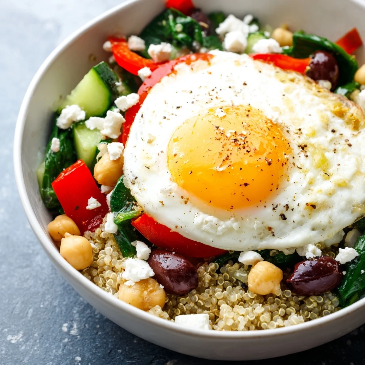 A vibrant Mediterranean Breakfast Bowl topped with a sunny-side-up egg and crumbled feta cheese.