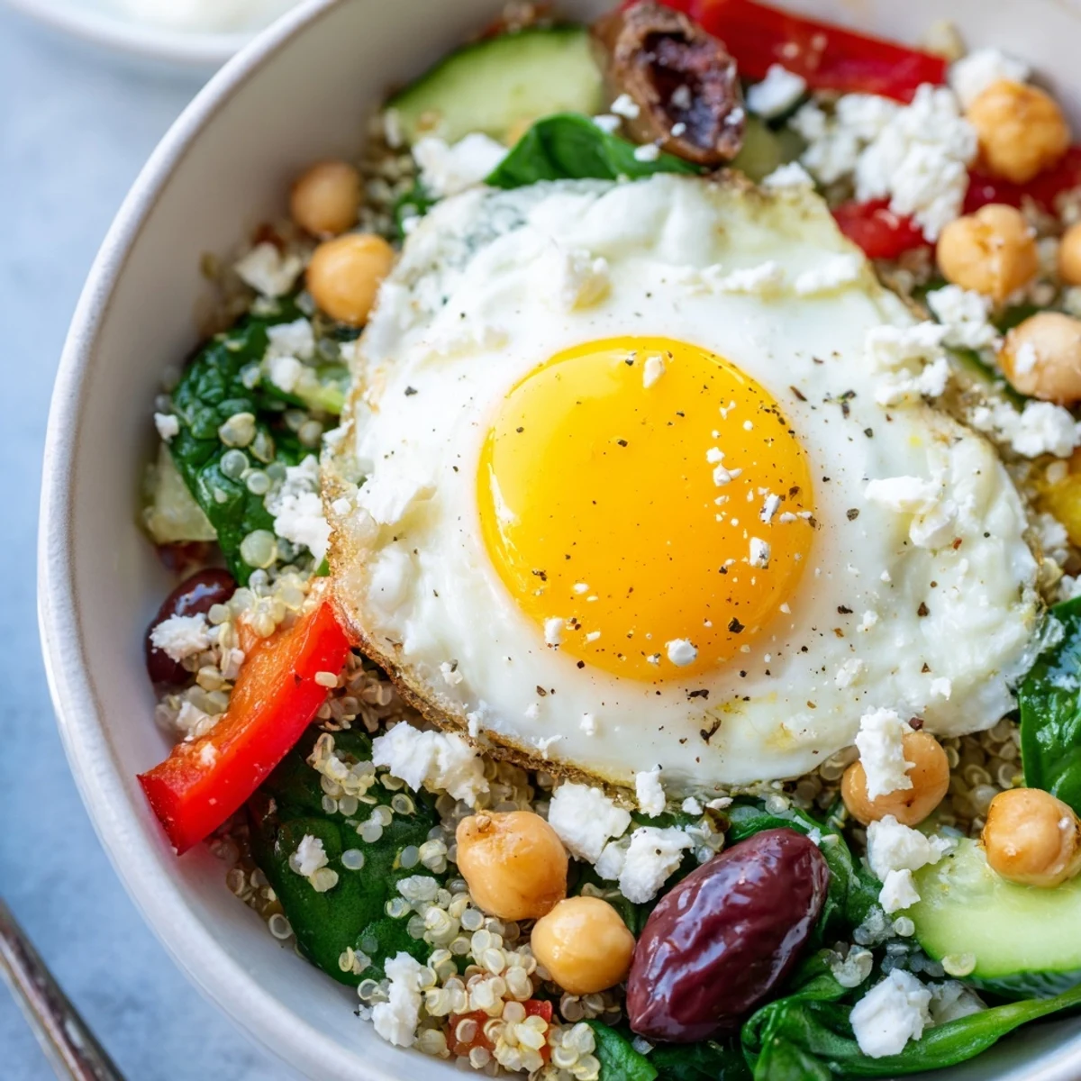 Fresh diced cucumber, tomatoes, and chickpeas fill this nourishing Mediterranean Breakfast Bowl for a healthy start.