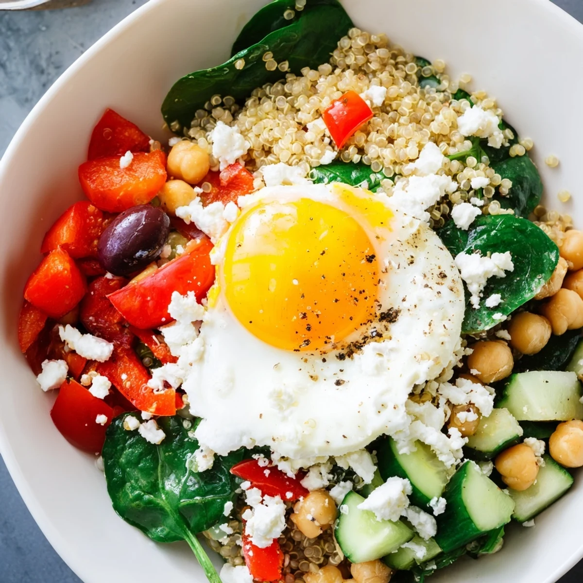 This Mediterranean Breakfast Bowl features sautéed spinach, Kalamata olives, and a drizzle of lemon-herb dressing.