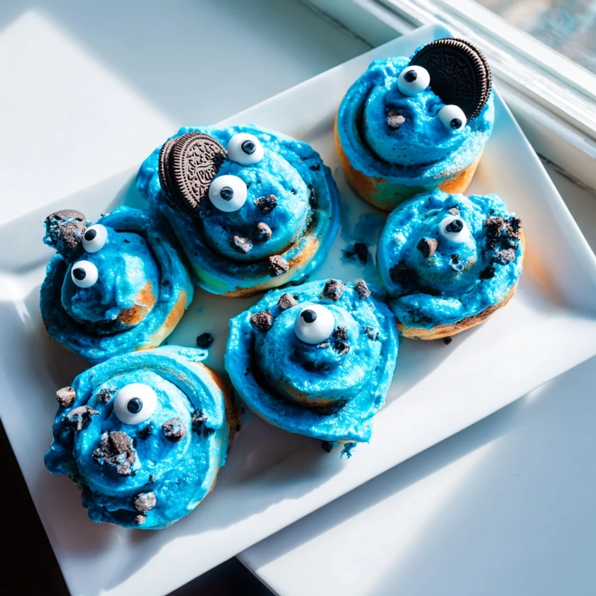 Freshly baked blue Cookie Monster Cinnamon Rolls with vibrant cream cheese frosting and playful cookie eyes on a plate.