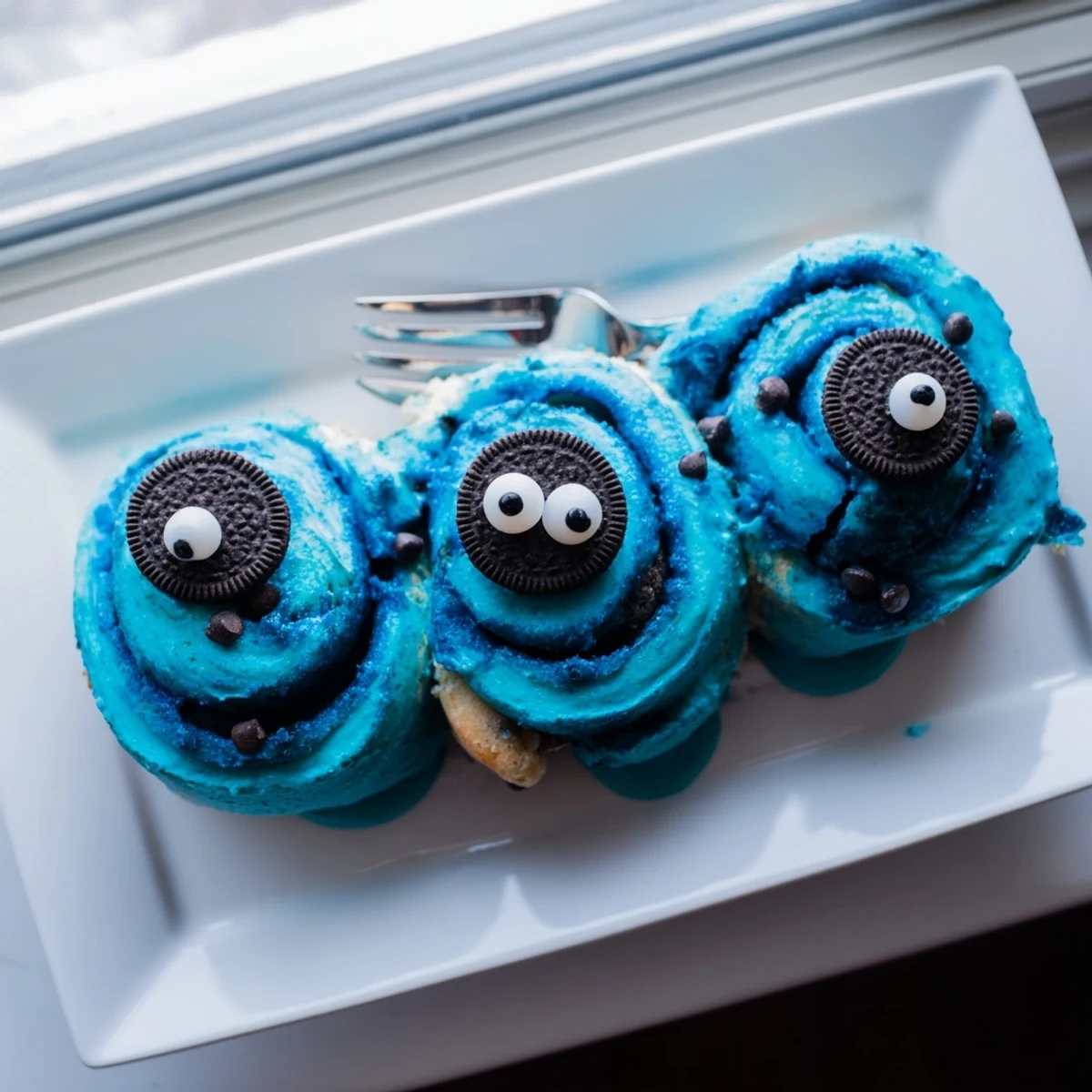 Warm blue Cookie Monster Cinnamon Rolls are glazed with frosting and studded with chocolate chips for a sweet treat.