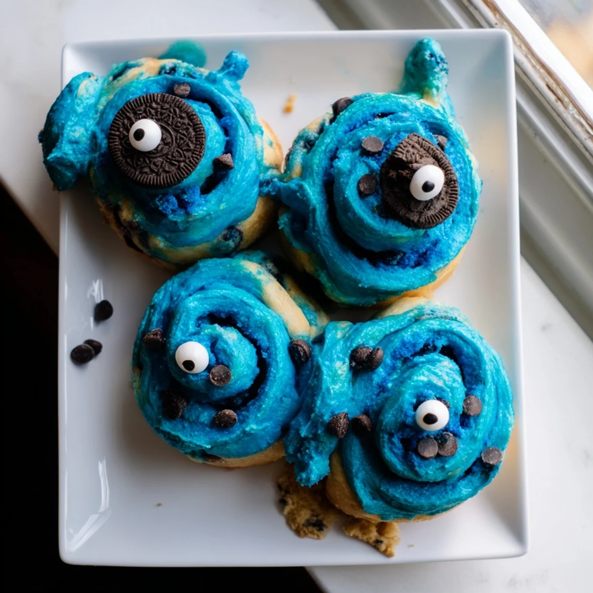 A stack of Cookie Monster Cinnamon Rolls showcases fluffy blue dough, cinnamon swirls, and adorable candy eyes for breakfast.
