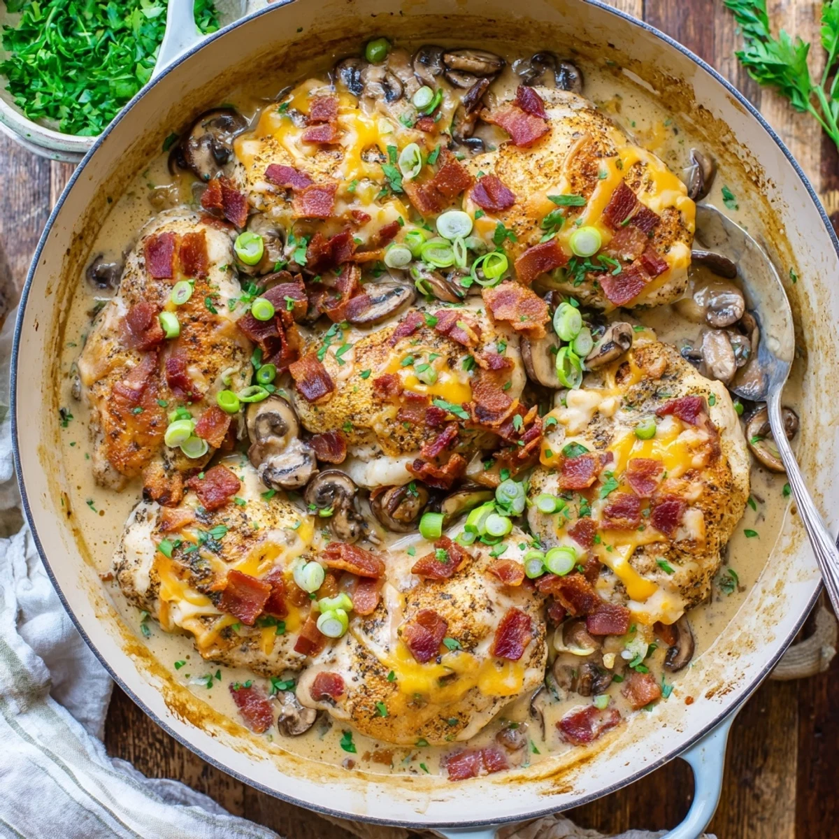 Golden-brown seared Mississippi Mud Chicken breasts smothered in creamy mushroom sauce and melted cheese.