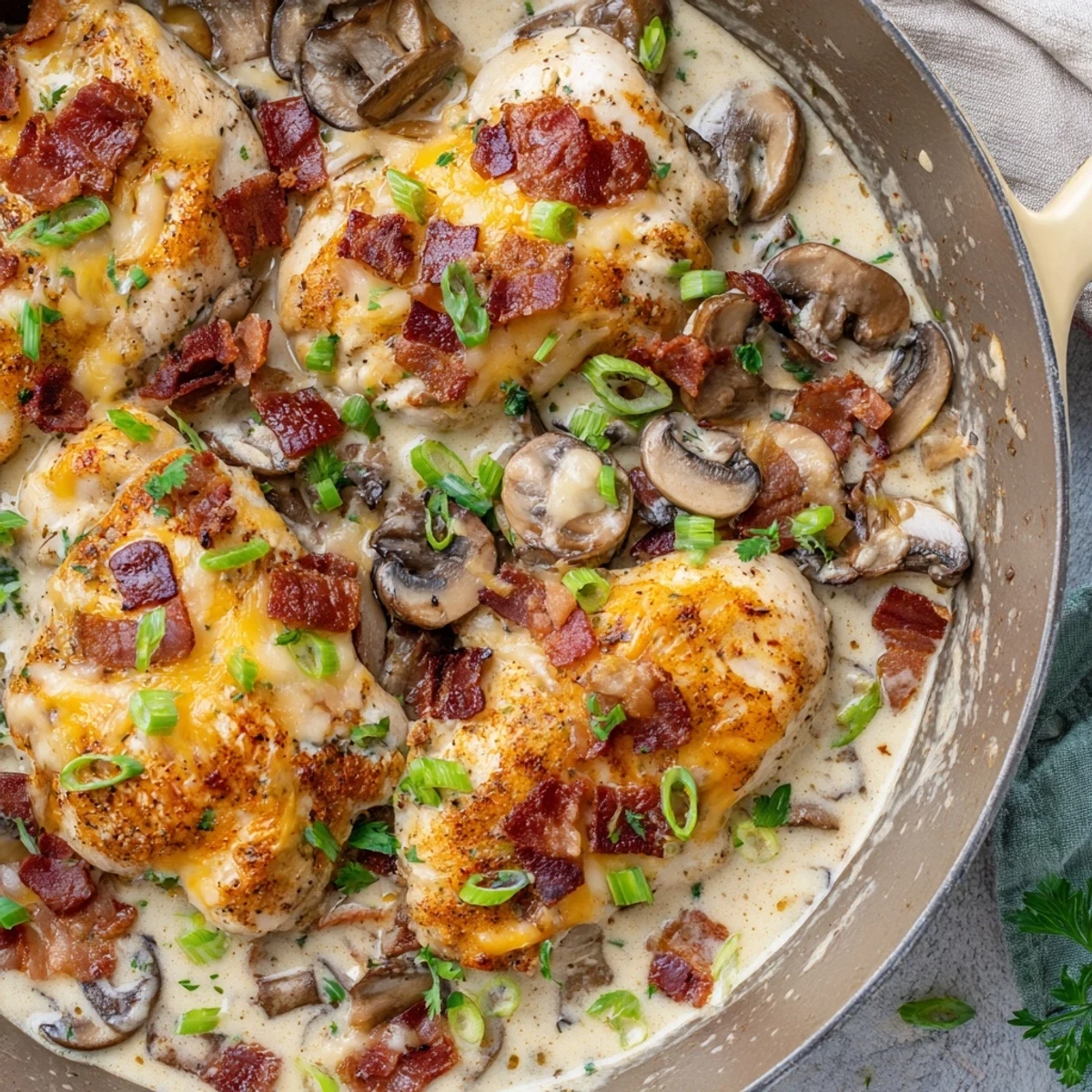 Close-up of Mississippi Mud Chicken topped with crispy bacon, mozzarella, and fresh green onions.