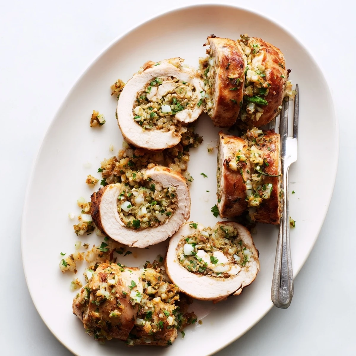 Four savory Flavor-Packed Turkey Roll Ups with Stuffing sit on a white plate beside a small gravy boat.
