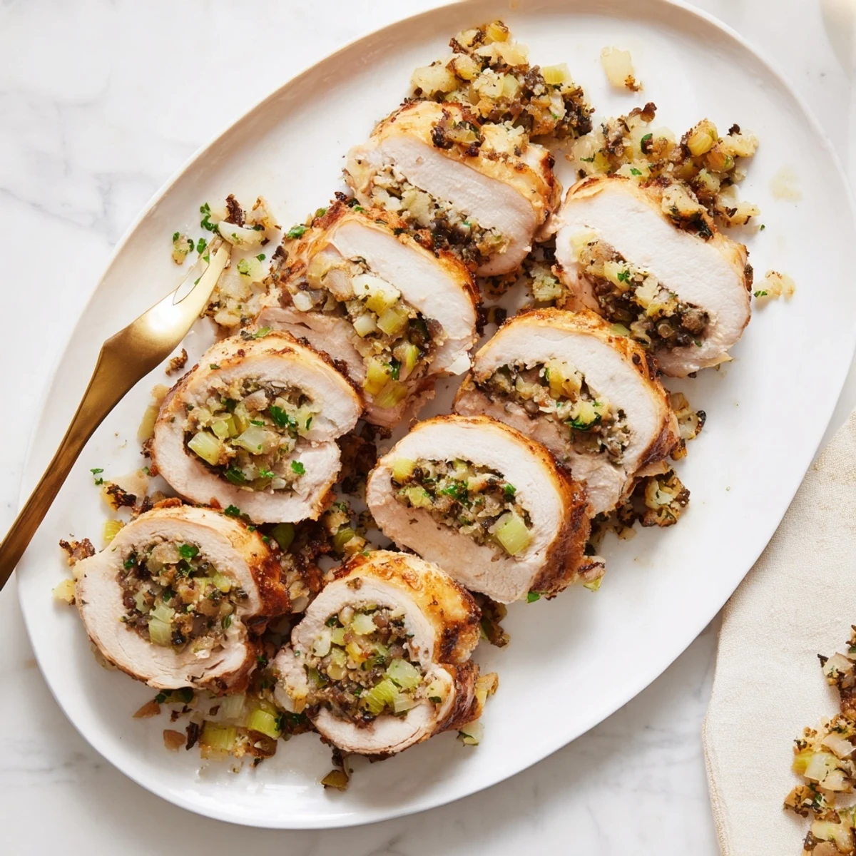 Golden-brown Flavor-Packed Turkey Roll Ups with Stuffing resting on a platter, garnished with fresh parsley and cranberries.