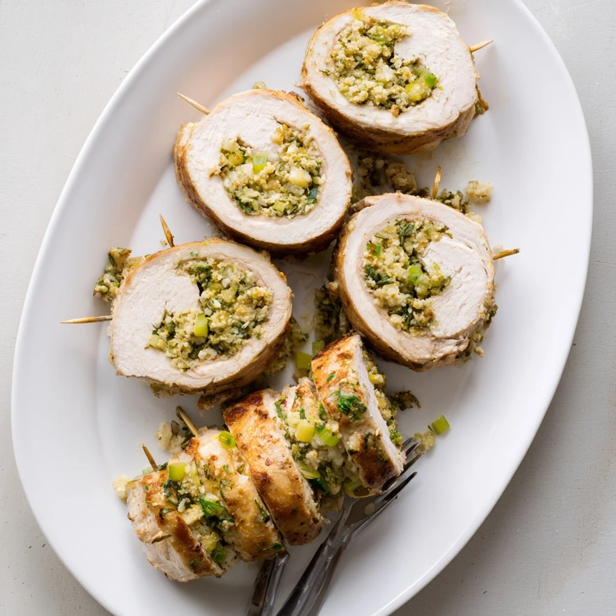 Juicy Flavor-Packed Turkey Roll Ups with Stuffing are sliced to show the moist, herb-infused breadcrumb filling inside.