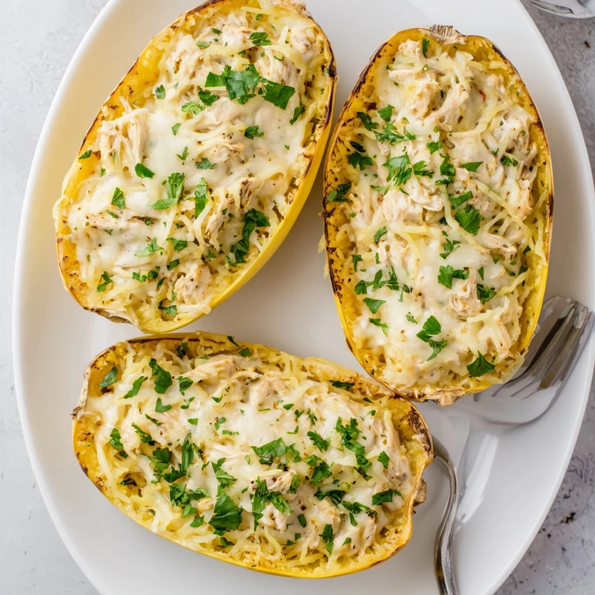 Golden roasted spaghetti squash boats brimming with tender chicken and creamy Alfredo, topped with bubbly mozzarella.