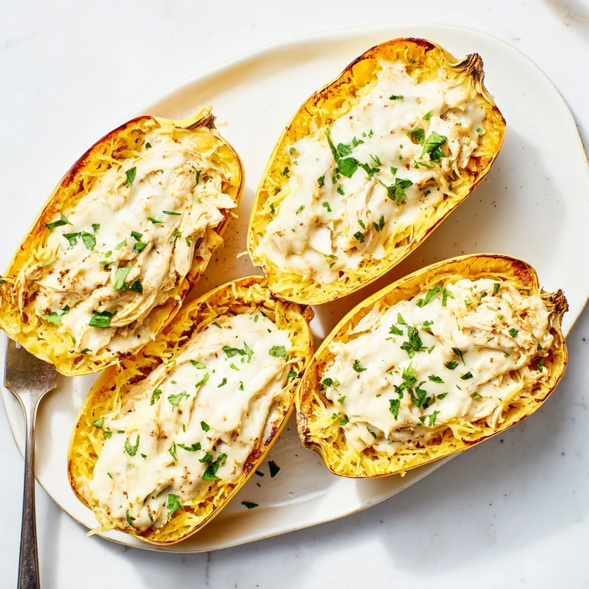 Spoon the cheesy filling from the squash shells onto plates with a side salad.