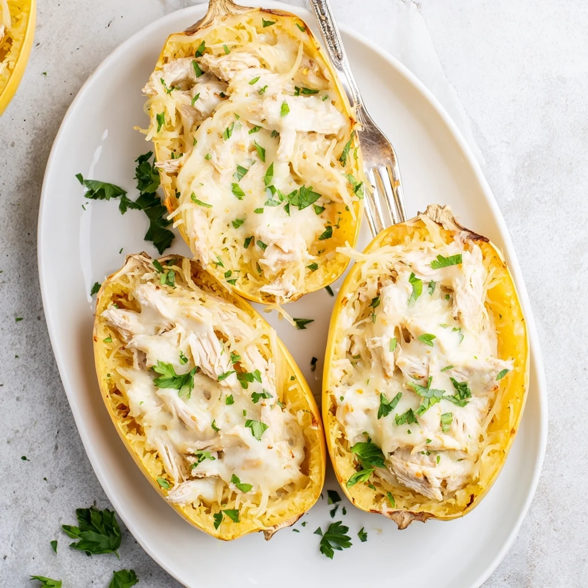 This Chicken Alfredo Spaghetti Squash Boats recipe serves four for a gluten-free Italian-American dinner.