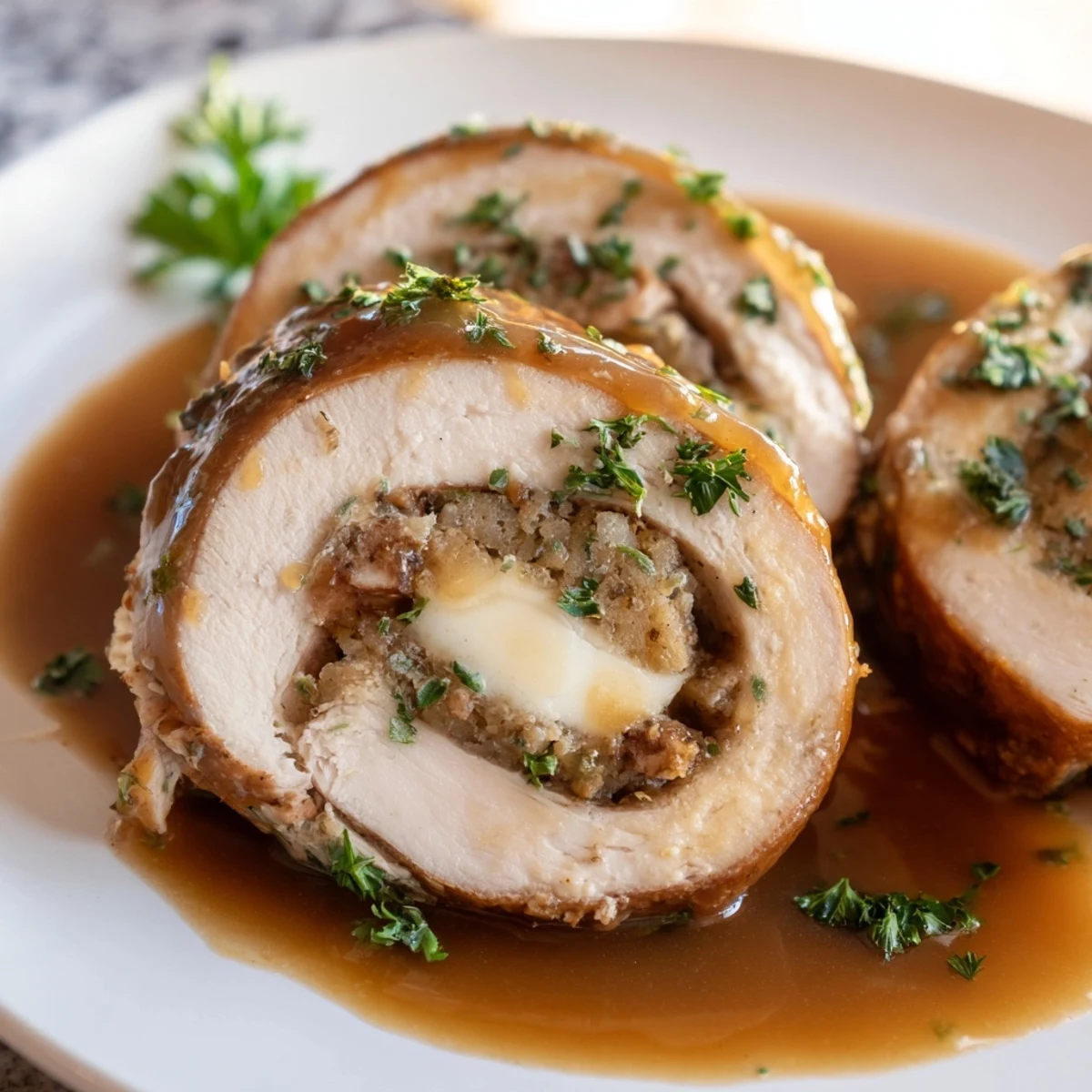 Golden-brown Flavor-Packed Turkey Roll-Ups with Stuffing resting in a baking dish, glistening with rich gravy.
