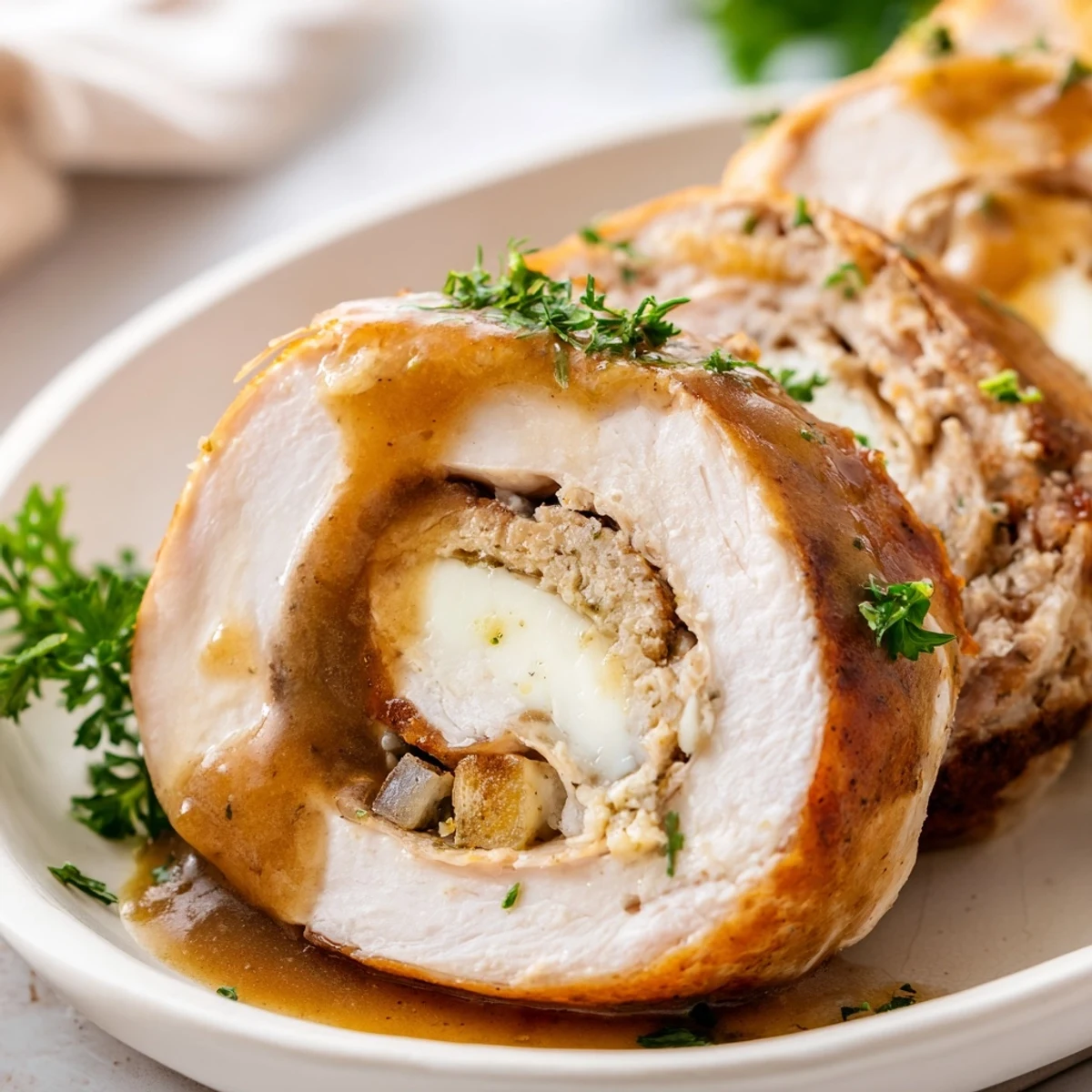 Juicy Flavor-Packed Turkey Roll-Ups with Stuffing served on a plate with mashed potatoes and parsley.