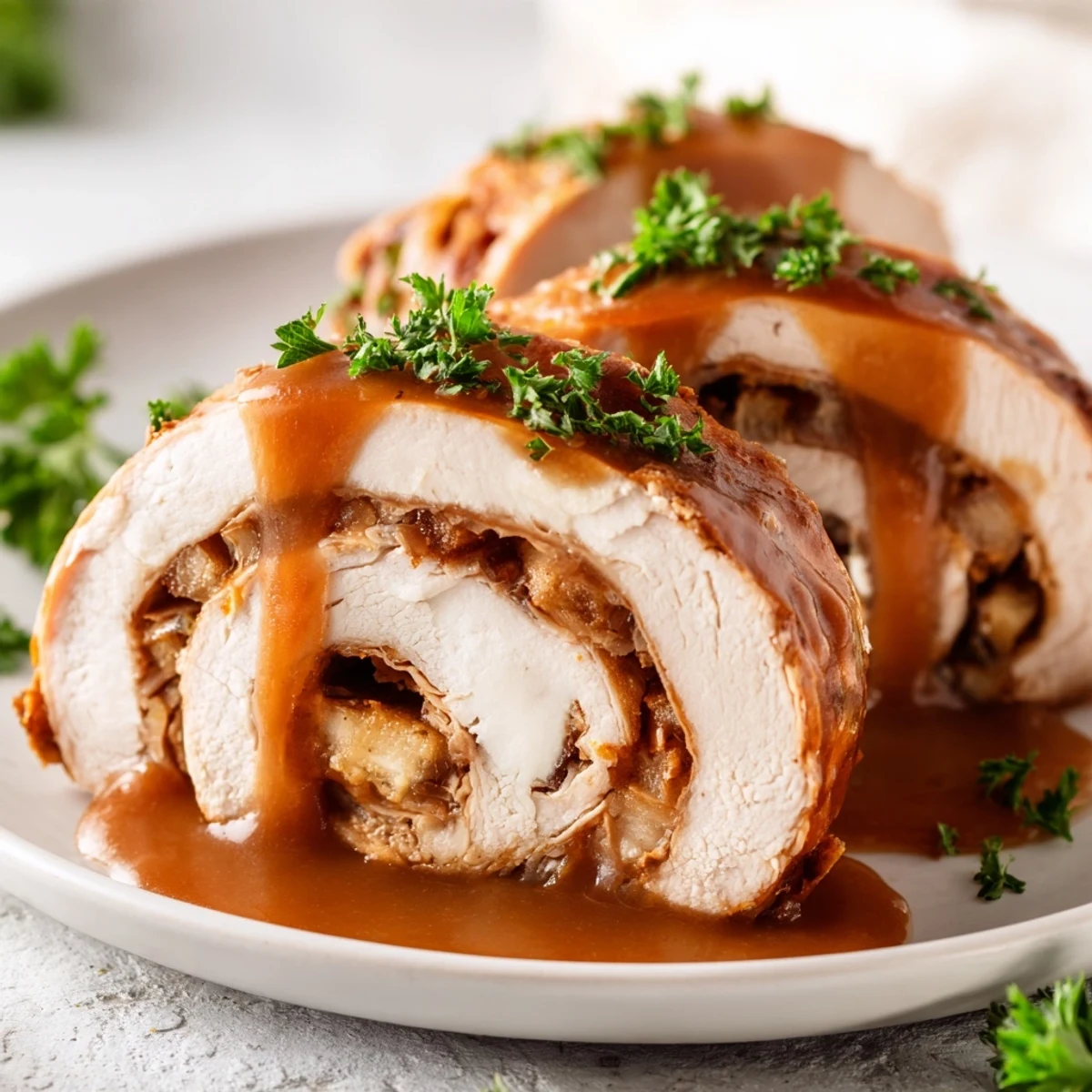 Close-up view of a sliced Flavor-Packed Turkey Roll-Ups with Stuffing revealing cheesy, savory stuffing inside.