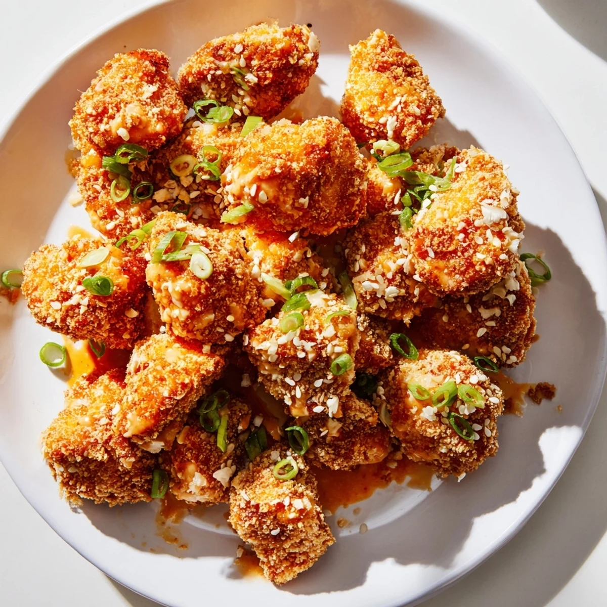 Juicy bite-sized chicken coated in almond flour bakes until golden, then gets tossed in a creamy, spicy bang bang sauce for a low-carb dinner.