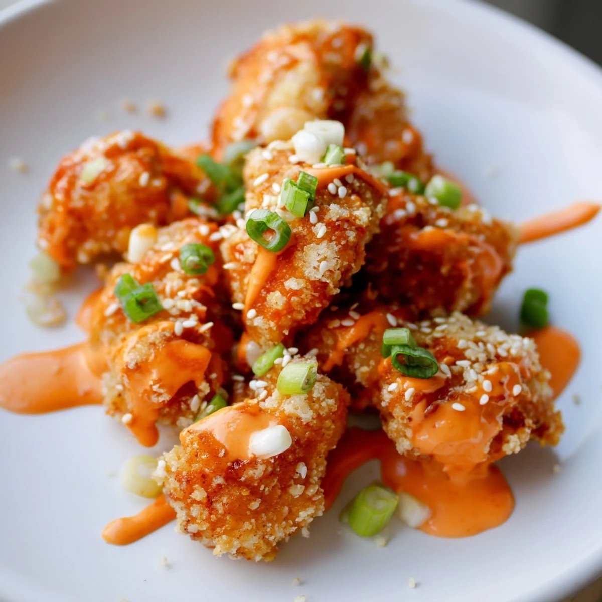 Quick low carb bang bang chicken shines as an easy weeknight meal, topped with fresh scallions and toasted sesame seeds for extra crunch.