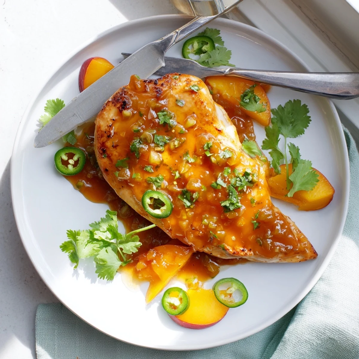 The Jalapeño Peach Glazed Chicken is served hot alongside fluffy white rice and a colorful summer garden salad.