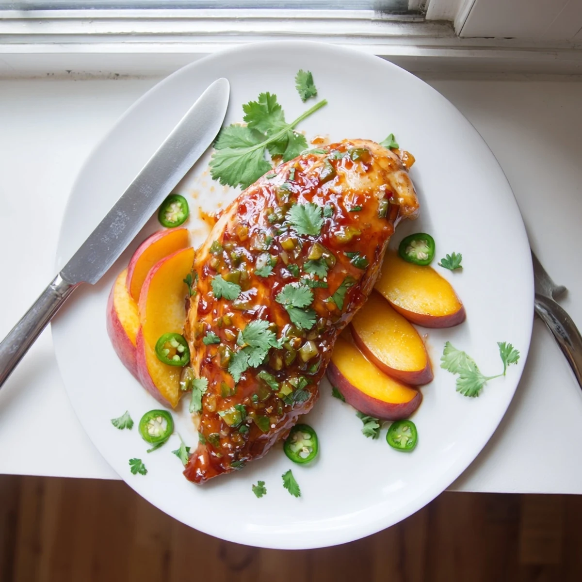 Golden-brown Jalapeño Peach Glazed Chicken breasts resting in a rich, sticky, sweet-and-spicy sauce, garnished with fresh cilantro.