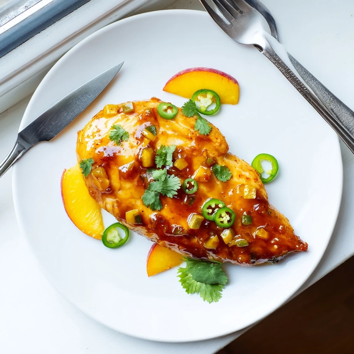 Skillet of juicy Jalapeño Peach Glazed Chicken topped with sliced fresh jalapeños and ripe peach wedges, perfect for dinner.