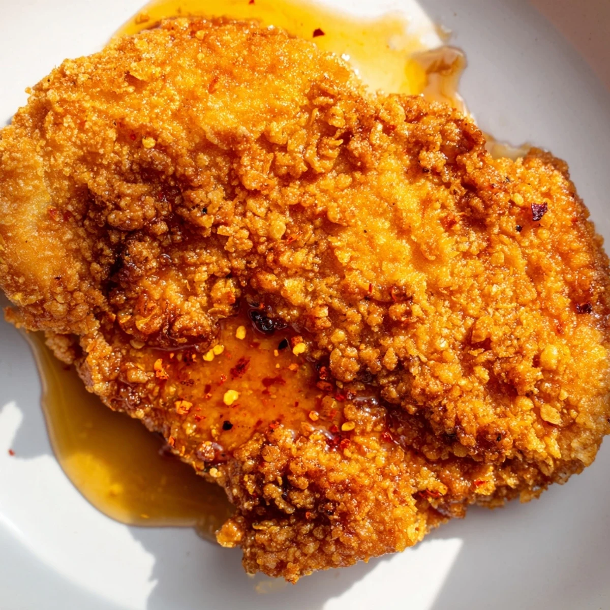 Crispy golden baked Baked Crunchy Hot Honey Chicken glistening with a sweet, spicy drizzle, served on a plate with coleslaw.