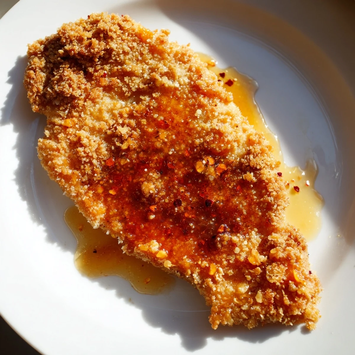 Sliced Baked Crunchy Hot Honey Chicken revealing juicy interior, placed beside pickles on a rustic wooden board.