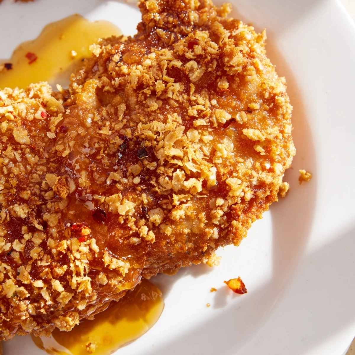 Freshly baked Baked Crunchy Hot Honey Chicken with crunchy cornflake crust, drizzled with hot honey on a baking sheet.