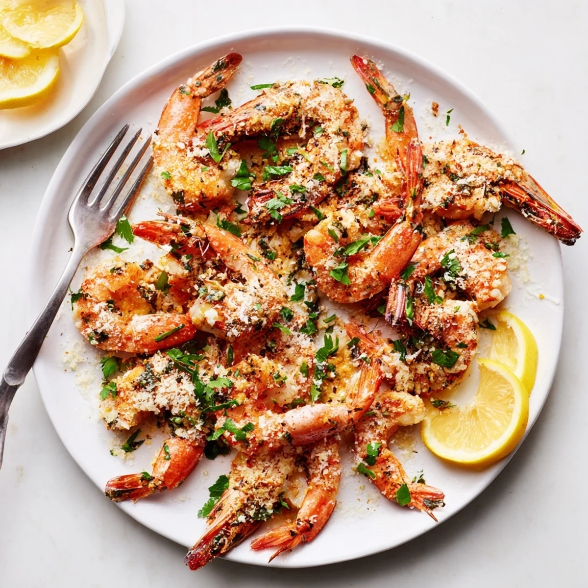 Savory garlic parmesan shrimp sizzling from the air fryer, plated beside fresh parsley and lemon slices.