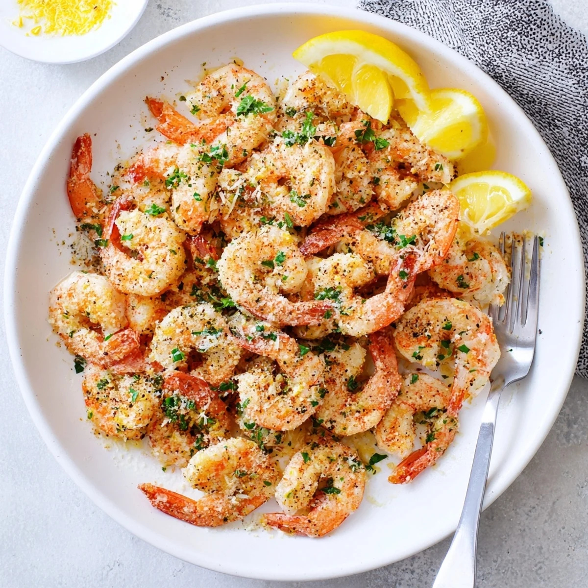 Air fryer garlic parmesan shrimp glistening with melted cheese and herbs, served with bright lemon wedges.