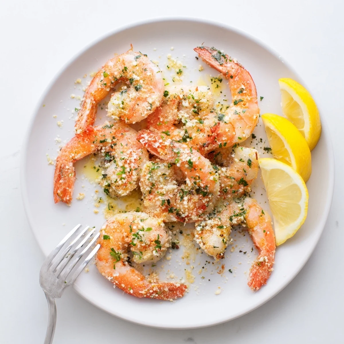 Golden air fryer garlic parmesan shrimp tossed in a cheesy garlic coating, ready to enjoy as an appetizer.