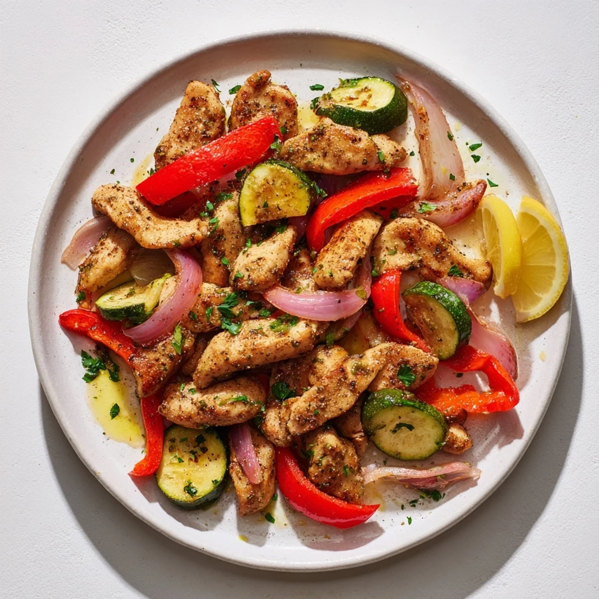 Golden seared chicken strips tossed with colorful bell peppers, zucchini, and red onion in this Mediterranean chicken stir fry