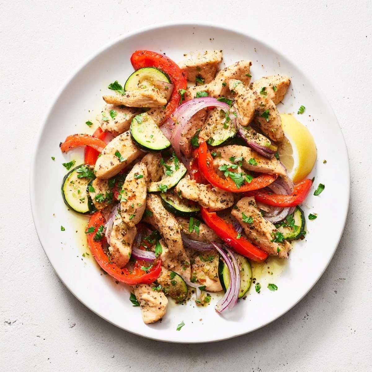 Vibrant vegetable medley sautéed with tender juicy chicken in this easy gluten-free Mediterranean chicken stir fry