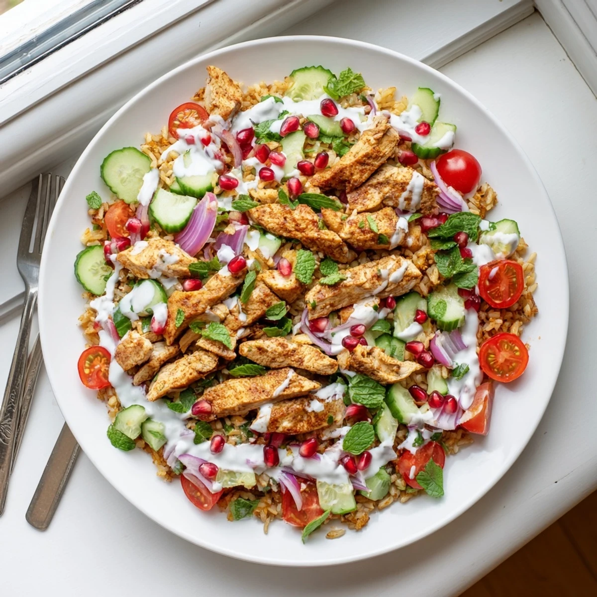 Golden brown chicken shawarma served over crispy rice salad with fresh vegetables and creamy yogurt-tahini drizzle