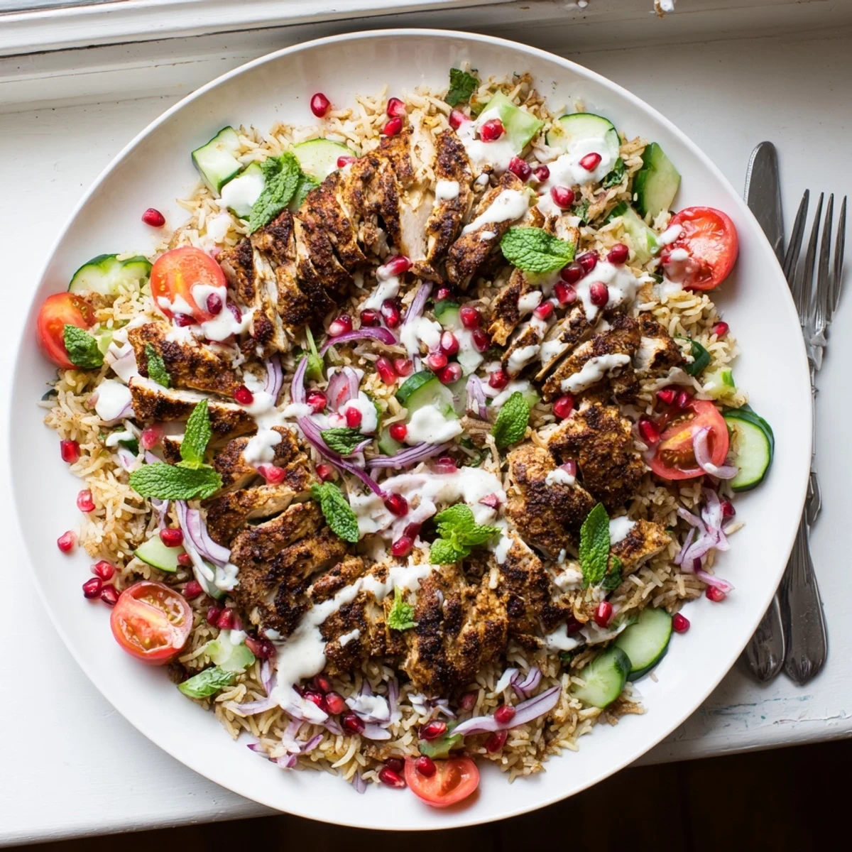 Vibrant bowl featuring spiced chicken shawarma, crunchy rice, cucumbers, tomatoes, herbs, and tangy tahini yogurt dressing