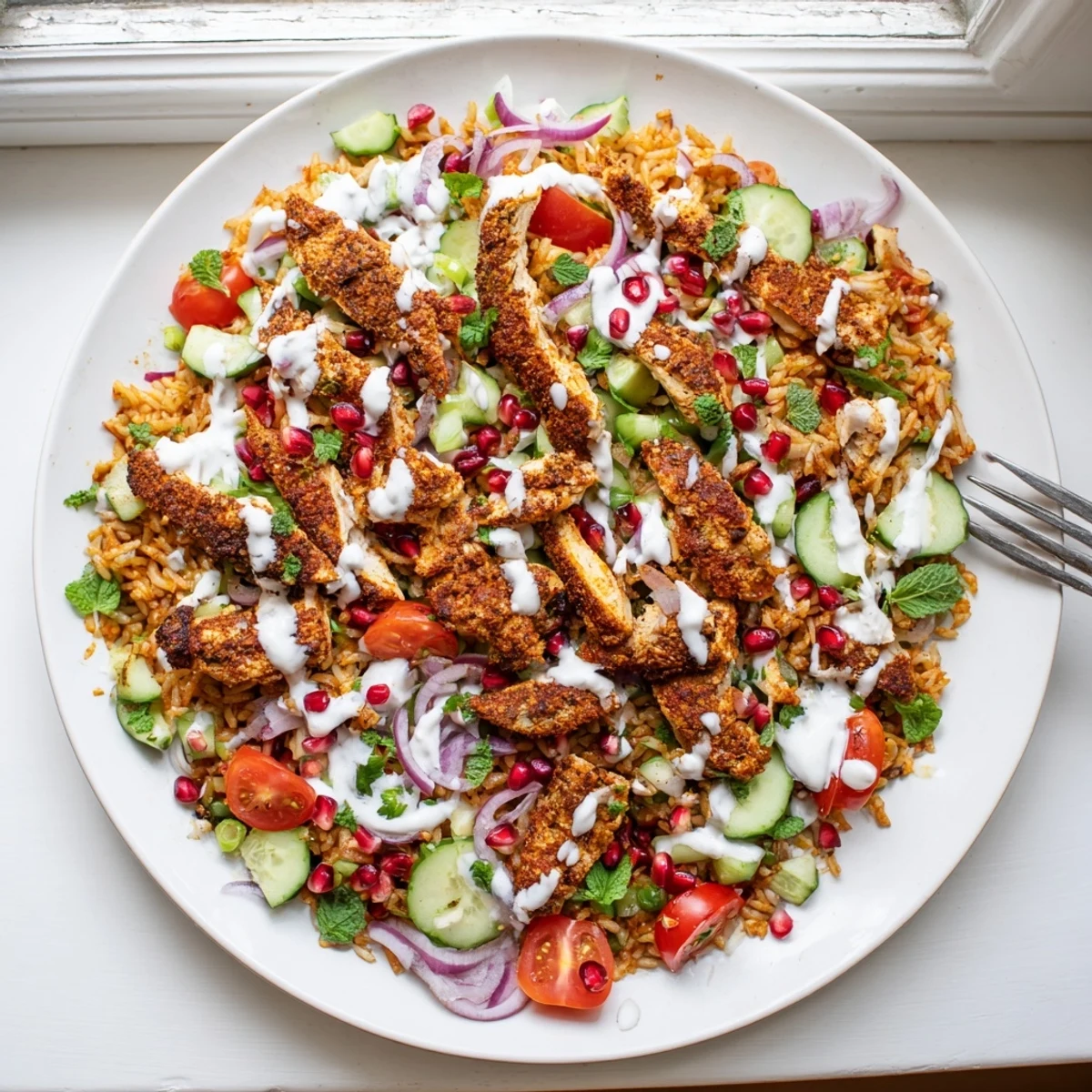 Crispy rice salad topped with aromatic chicken shawarma, colorful veggies, and velvety yogurt tahini sauce