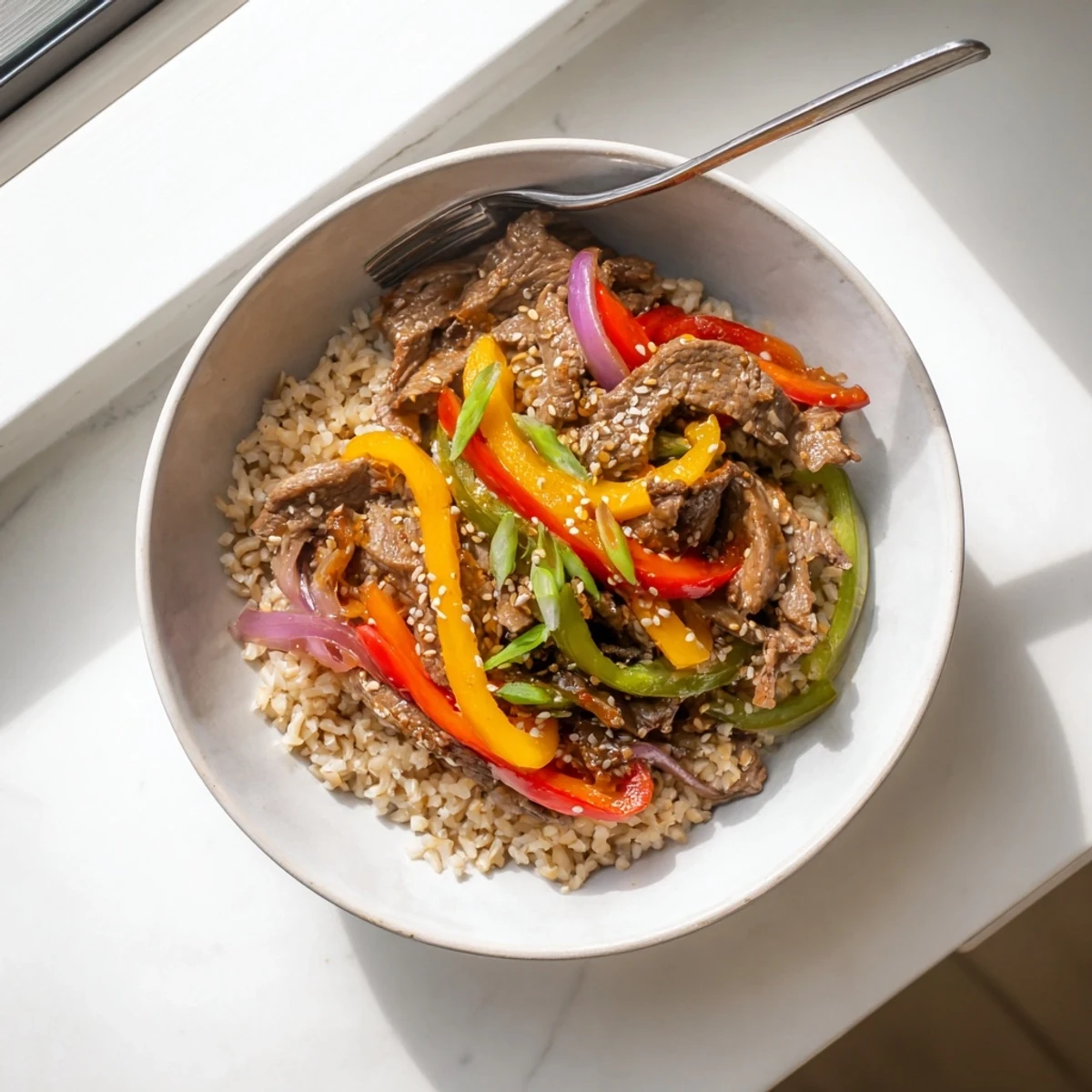 Steaming bowl of healthy beef and pepper rice bowl drizzled with savory garlic ginger sauce