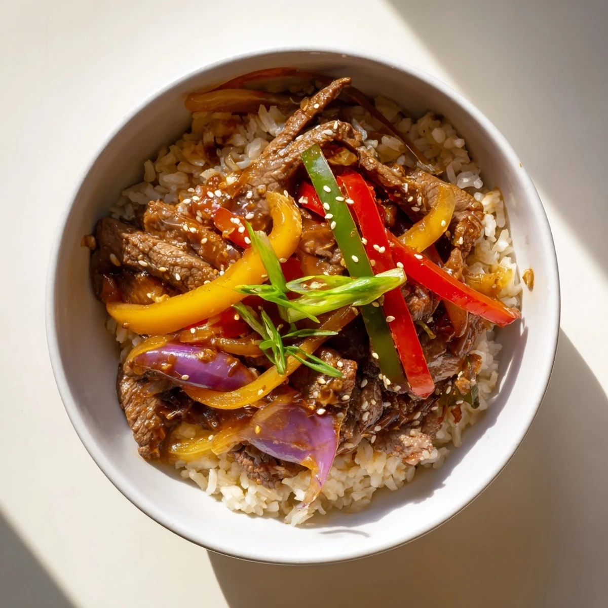 Protein packed healthy beef and pepper rice bowl garnished with sesame seeds and fresh cilantro