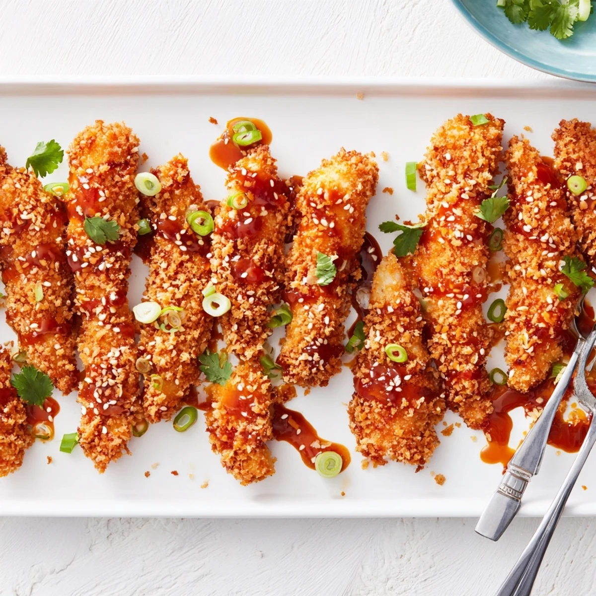 Golden crispy Thai sticky chicken fingers glazed with sweet spicy sauce and garnished with sesame seeds