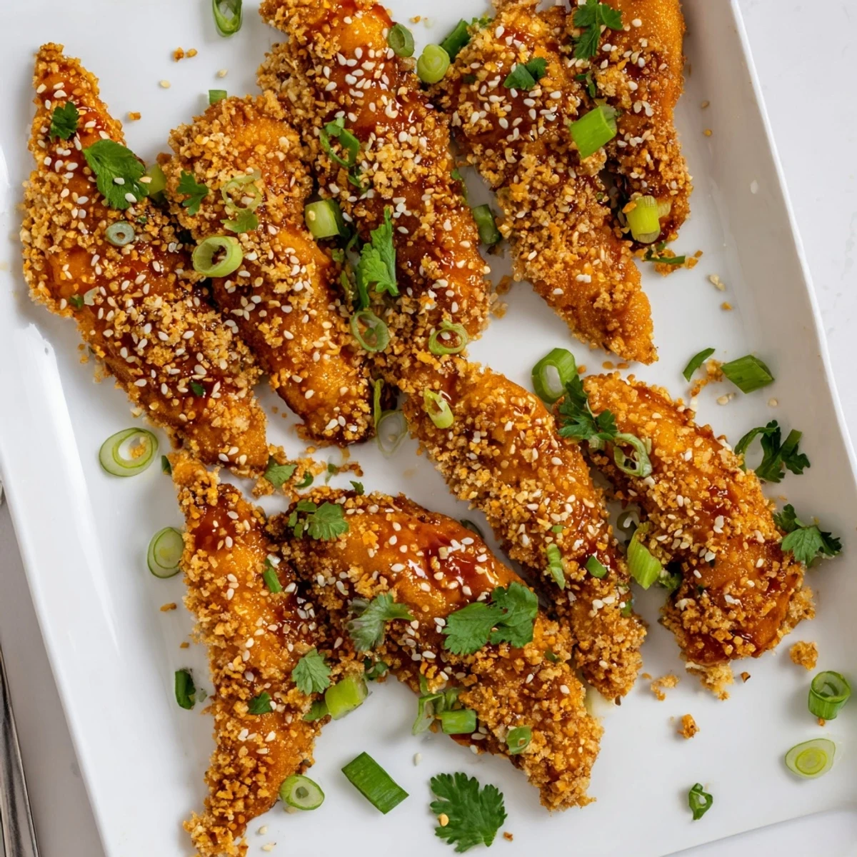 Oven-baked chicken tenders coated in panko breadcrumbs drizzled with tangy Thai chili sauce and fresh herbs