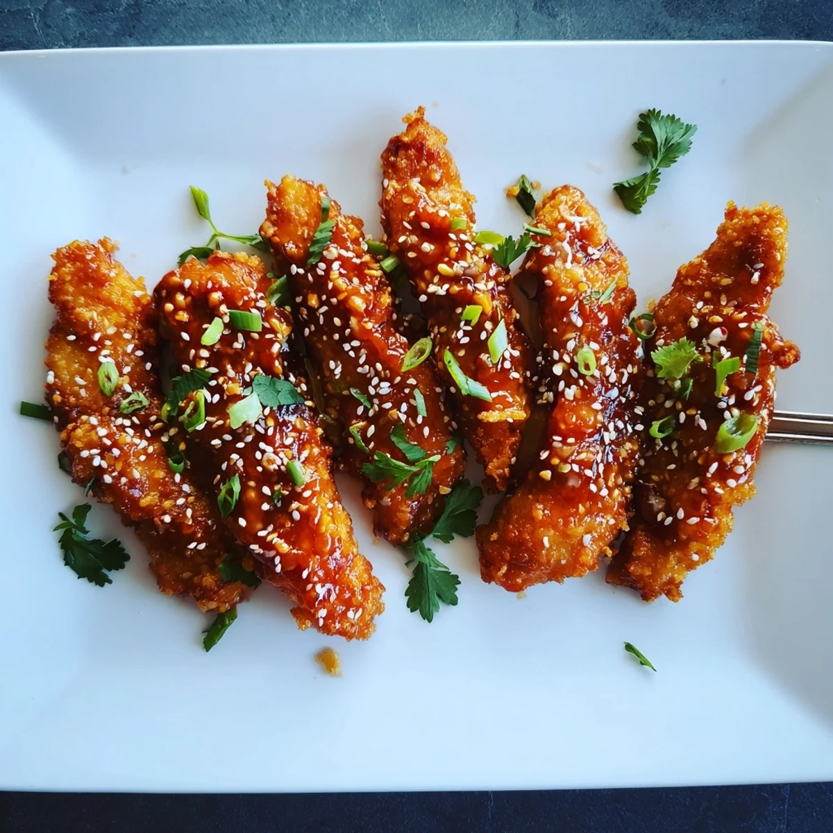 Plate of sticky Thai chicken fingers sprinkled with green onions and cilantro on a serving platter