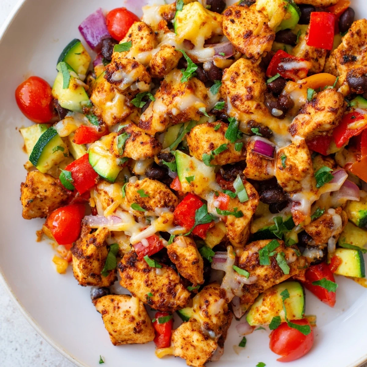 Colorful one-pan Tex Mex chicken and zucchini with melty cheese and fresh cilantro garnish