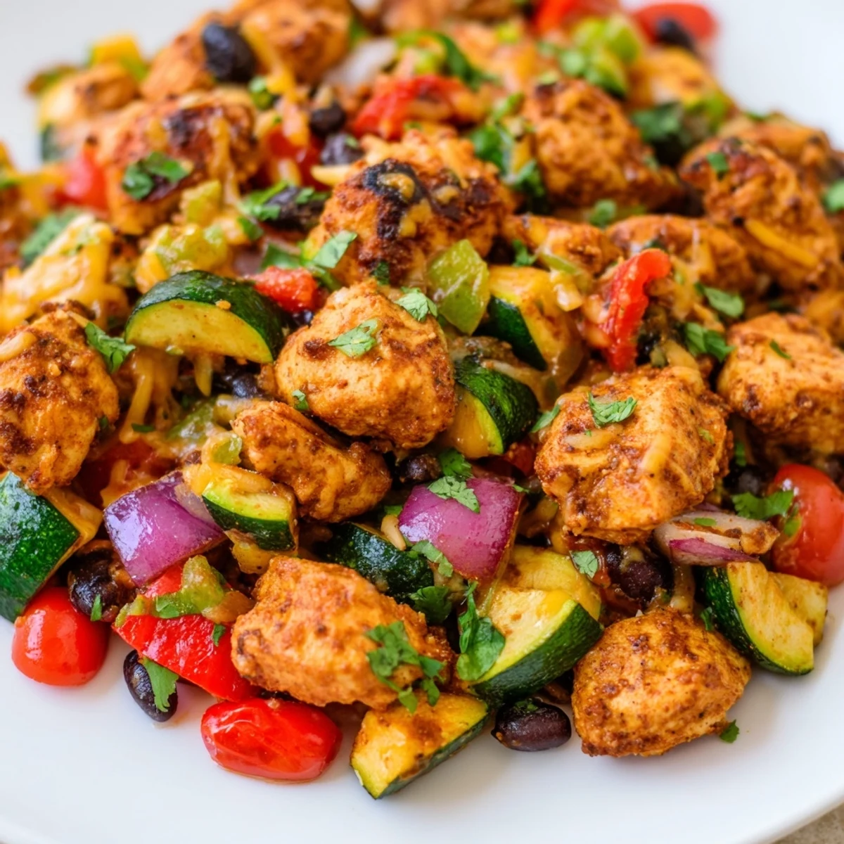 Sizzling skillet of Tex Mex chicken and zucchini served over rice with black beans