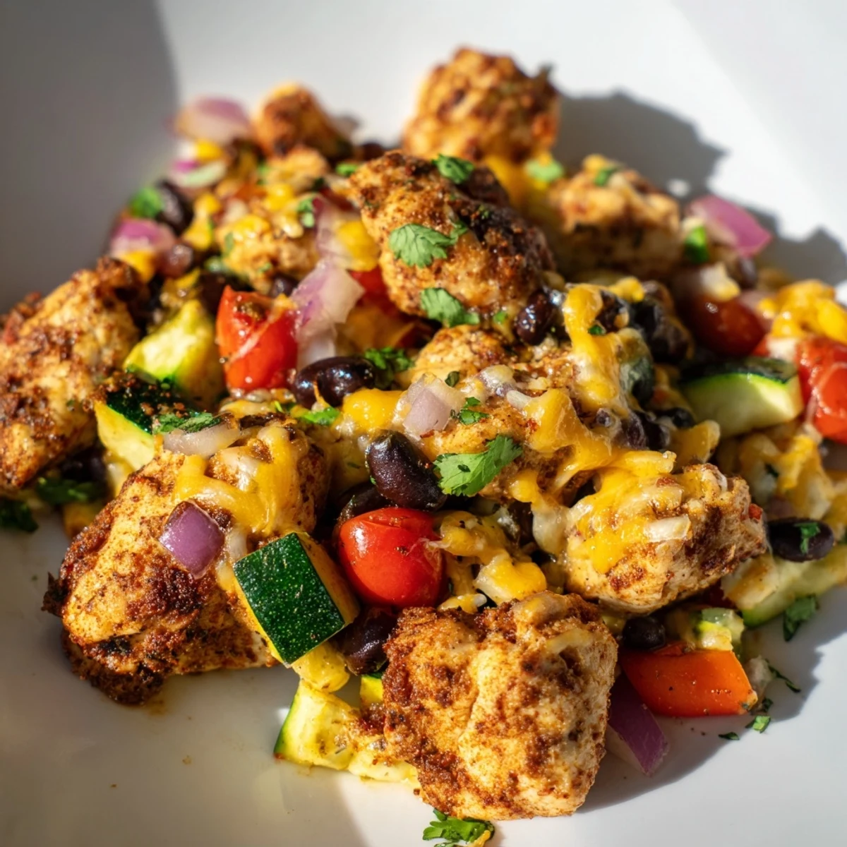 Golden Tex Mex chicken and zucchini in a white bowl topped with shredded cheese