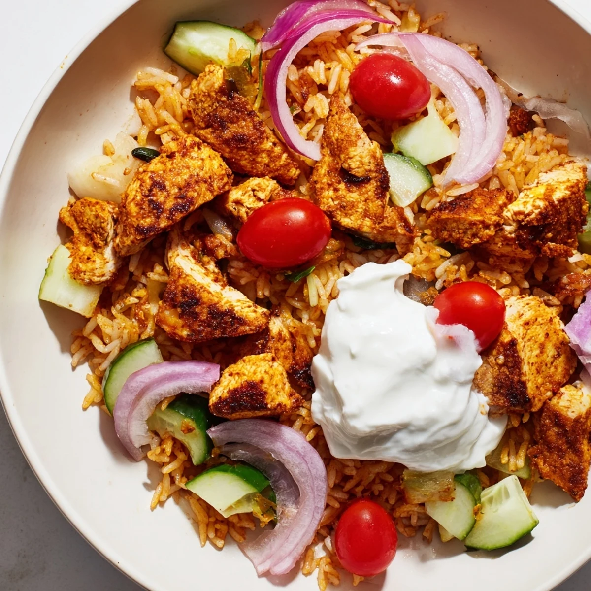 Golden spiced chicken Shawarma served over crispy rice salad with fresh vegetables and creamy yogurt dressing